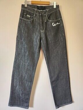 Vintage Karl Kani Original Brooklyn Coated Black Jeans White Stitch 30x30